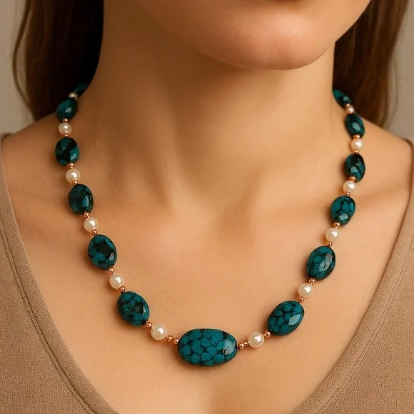 Genuine Turquoise and FreshwaterPearl Necklace with Solid Copper Beads & Clasp - Picture 9 of 12